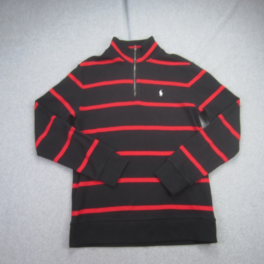 Polo Ralph Lauren Sweater Boys Large 14-16 Black Red Striped 1/4 Zip Pullover‎